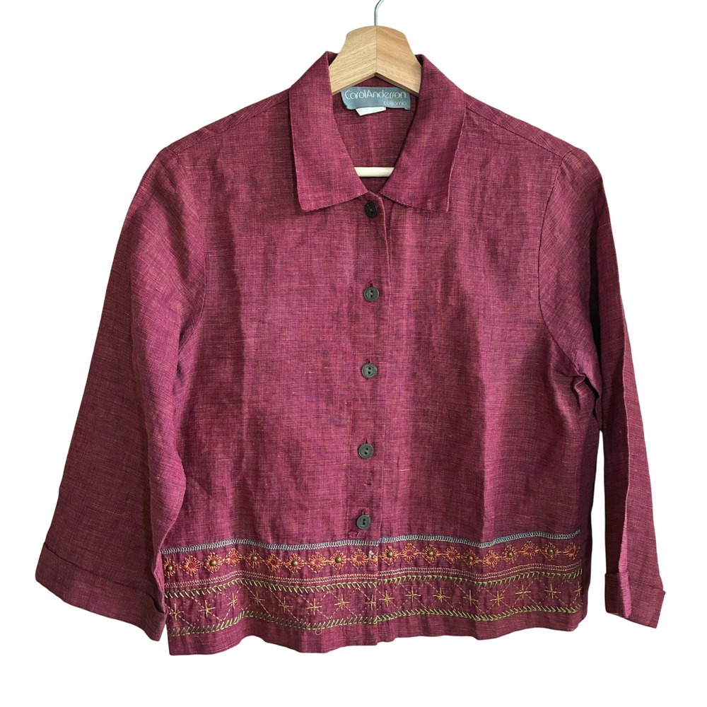 Carol Anderson California Embroidered Shirt Small Magenta Women 100% Linen FLAW